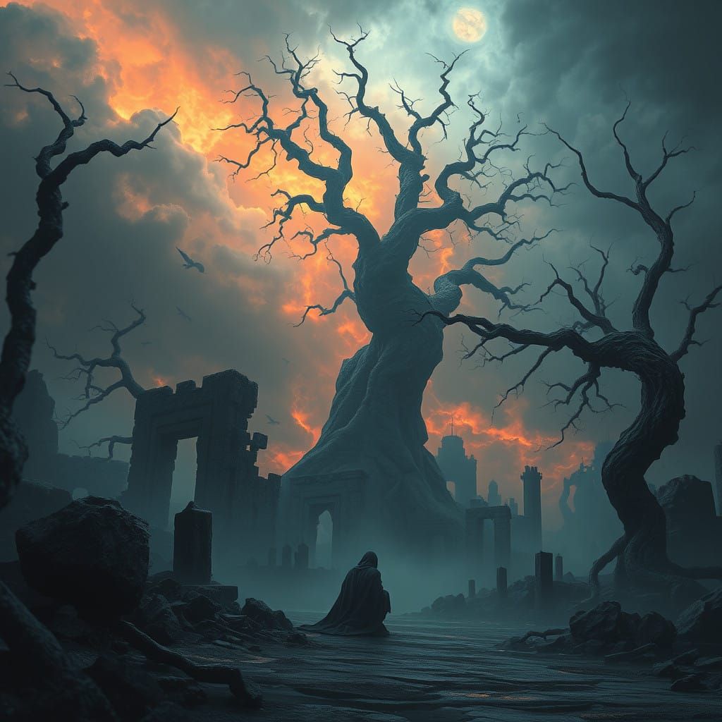 Surreal Fantasy World in Tumultuous Storm, with Mysterious F...