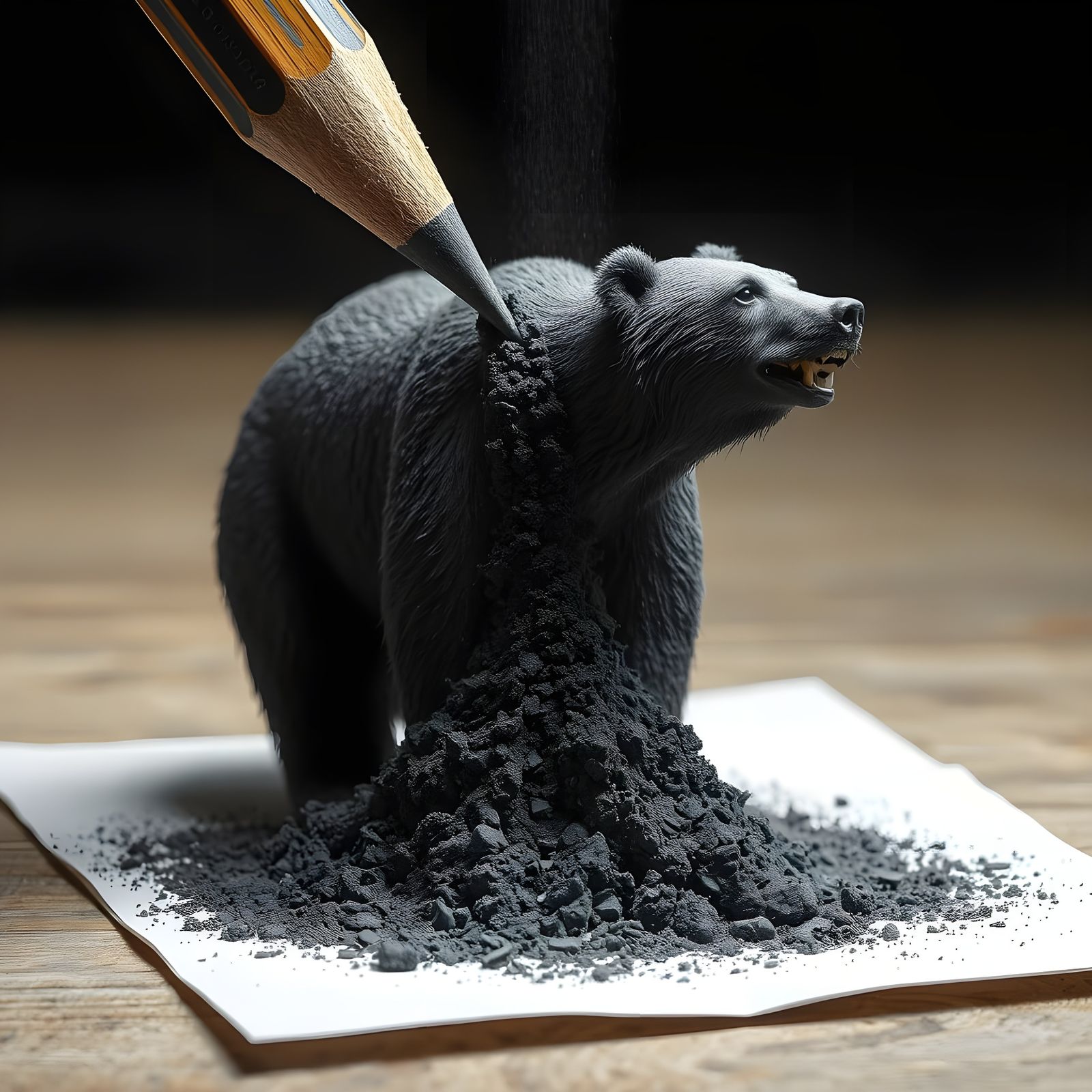 Surreal Graphite Bear Emerges from Sharpened Pencil