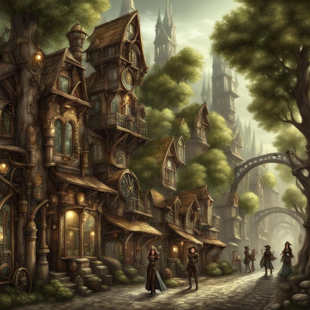 Steampunk Elven Street Scene Among Trees