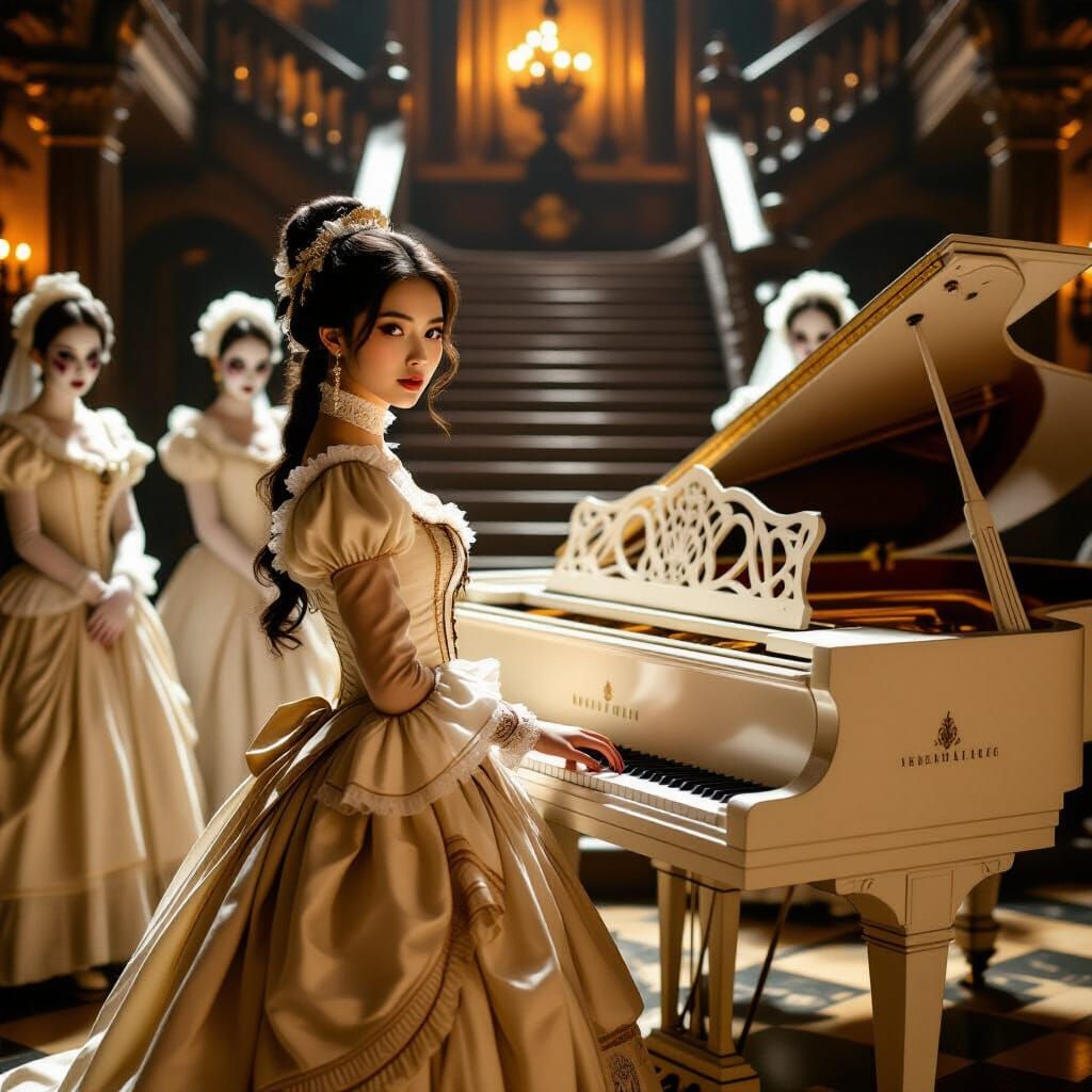 Asian Woman with Piano in Eerie Castle, Digital Art