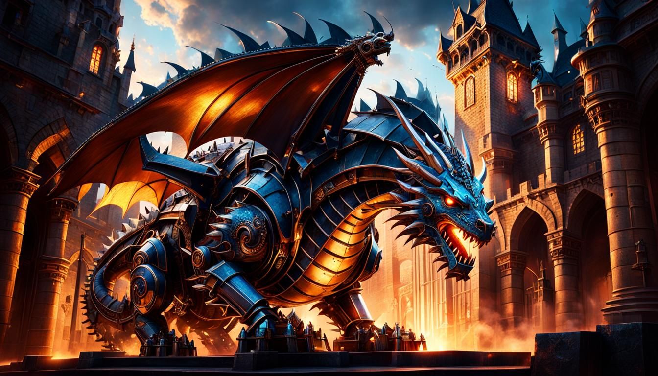 Mech vs Steam Dragon in Baroque Style