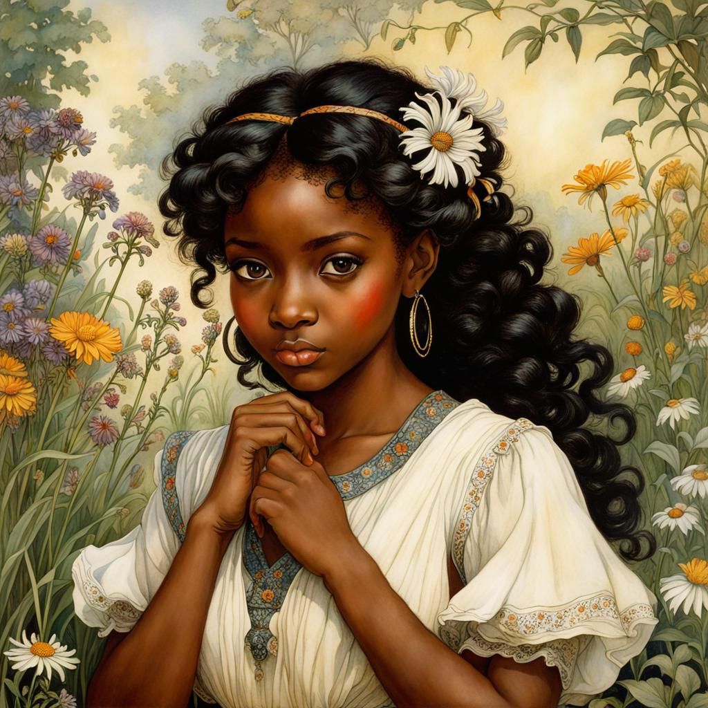 Girl in Wildflower Garden, Art Nouveau Style