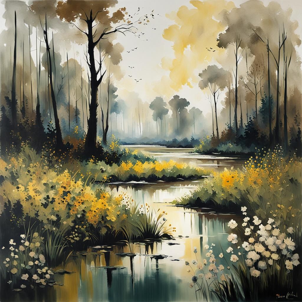 Sunlit Swamp: Modern Acrylic Art with Occult Elements