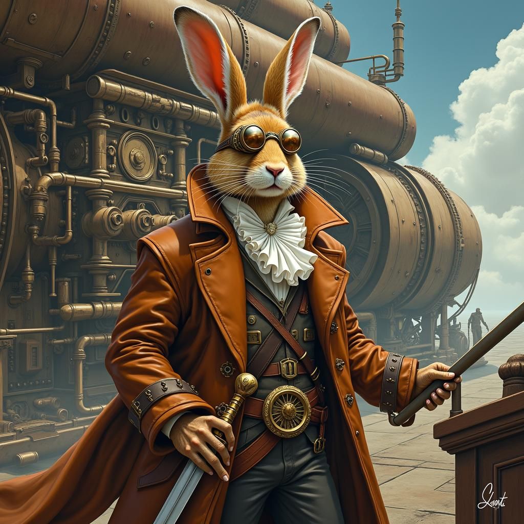 Hare Swashbuckler on Spaceship Bridge in Steampunk Style