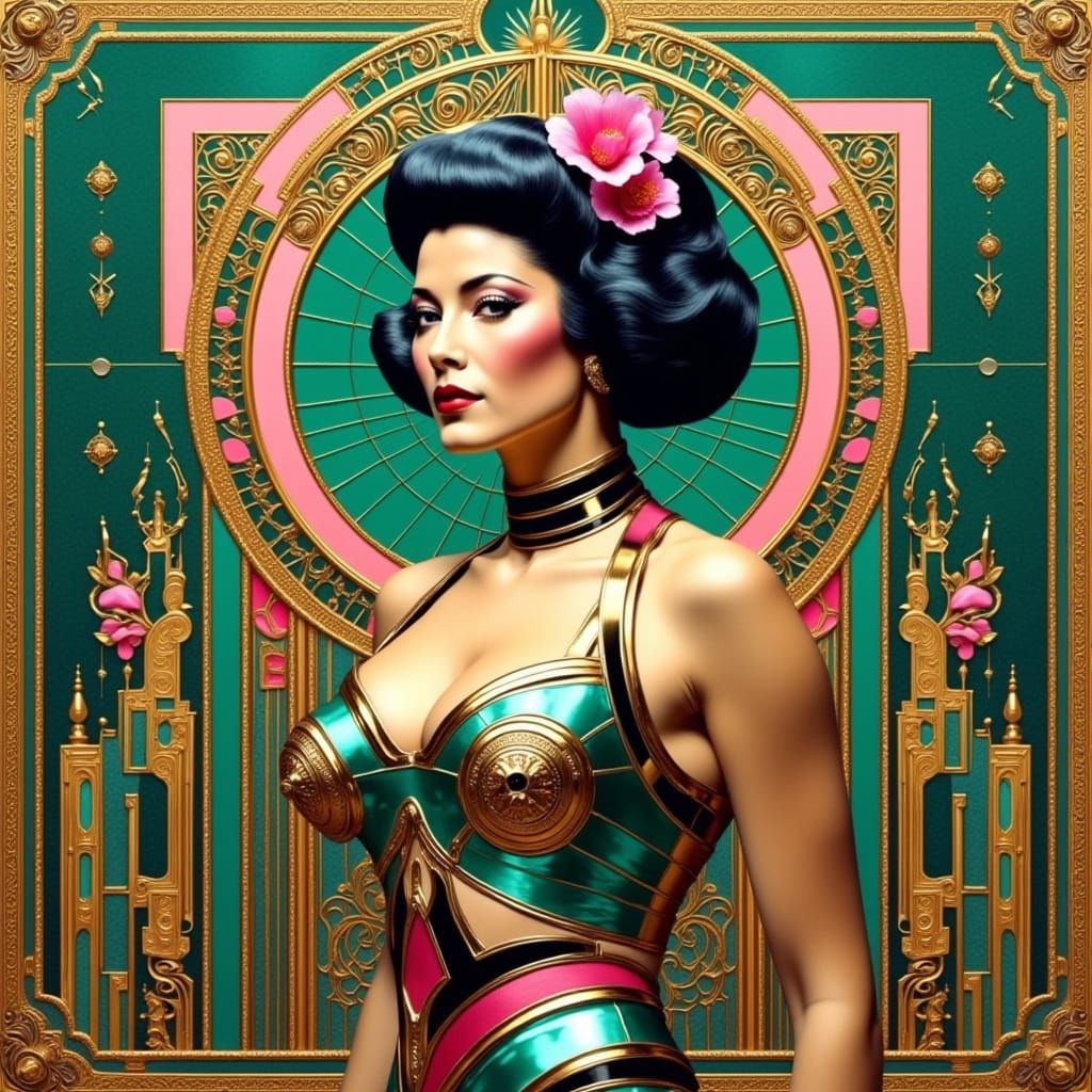 Retro-Futuristic Goddess Admires Futuristic Cityscape