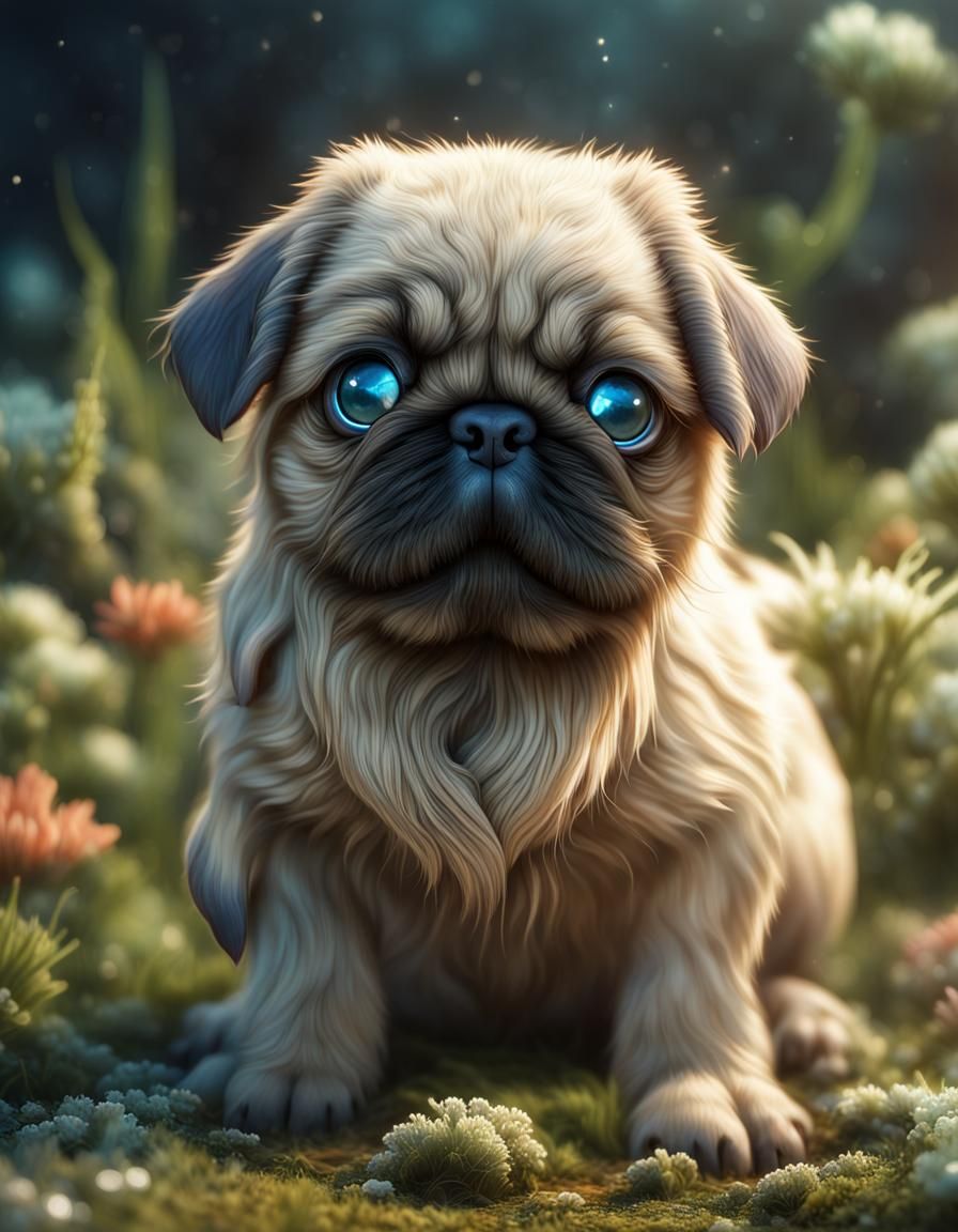 Bioluminescent Pug Puppy in a Fantasy Setting