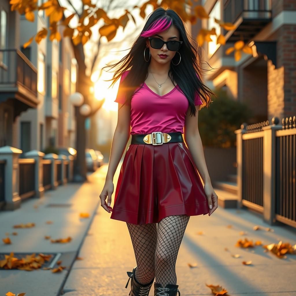 Woman in Latex Skirt on Autumn Street