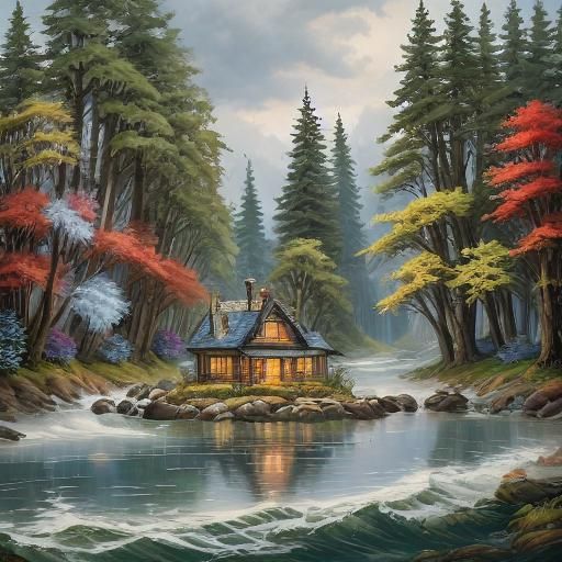 Waterskiing Woman on Mountain Lake in Summer