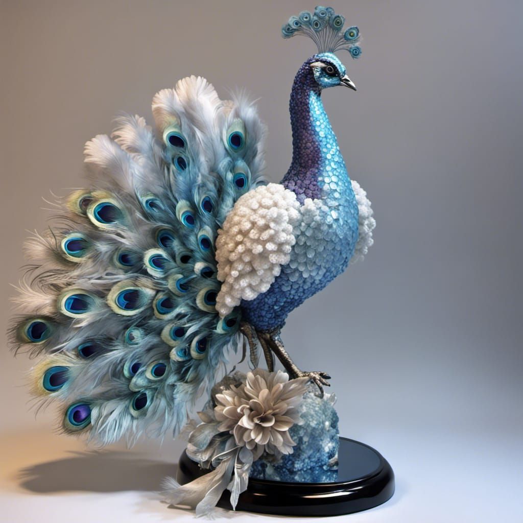 Albino Peacock Figurine with Silver-Blue Feathers