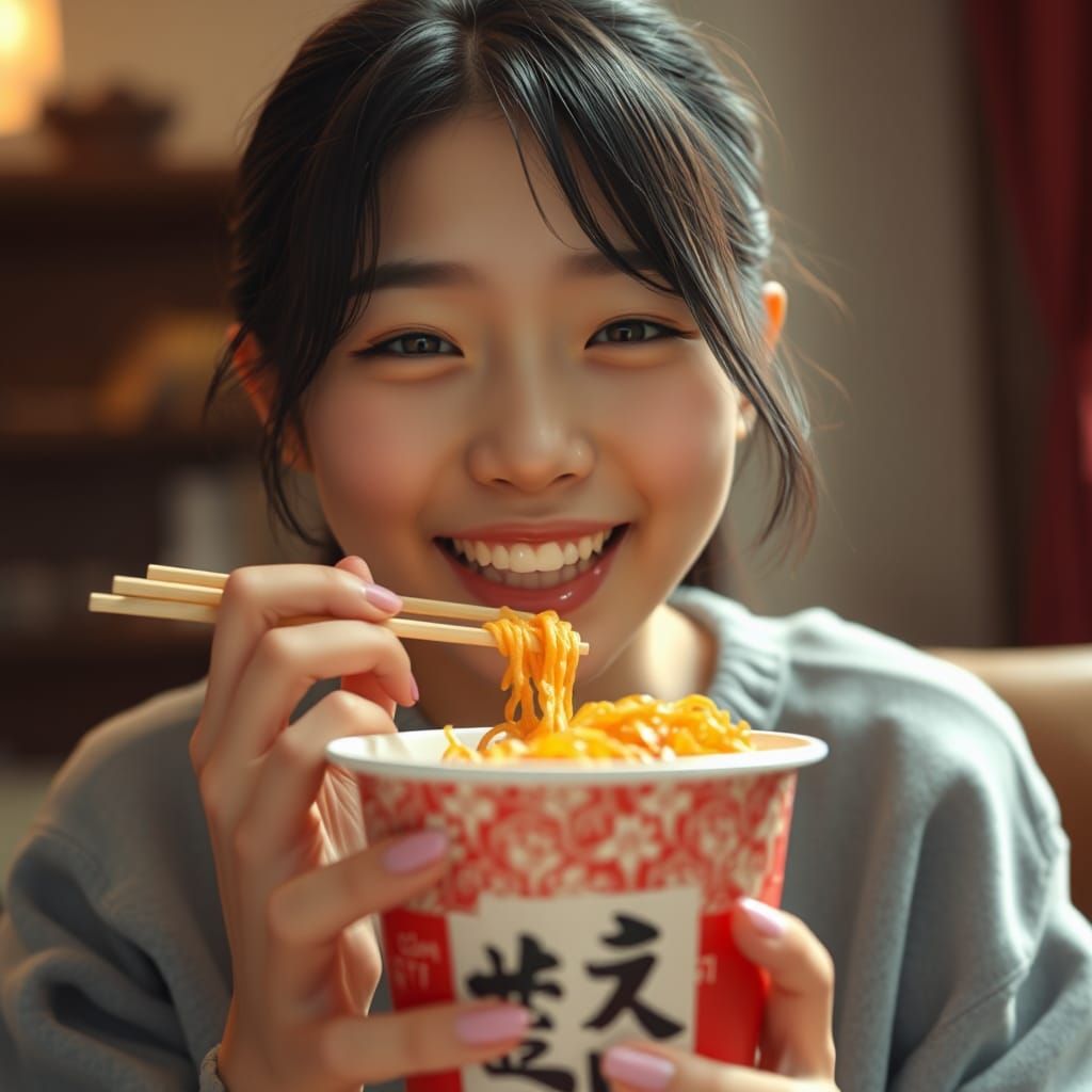 Korean Girl Enjoys Spicy Noodles: Detailed Digital Art