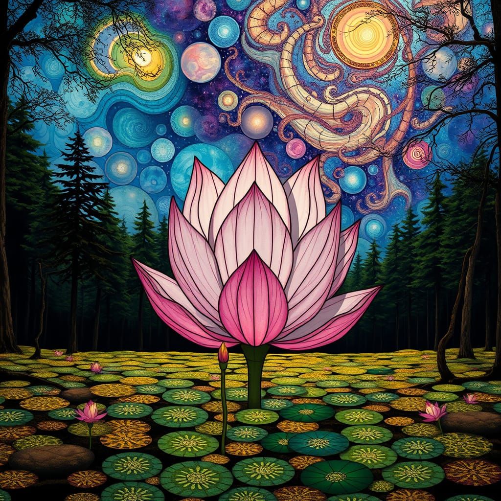 Serene Forest Glade with Stained Glass Lotus