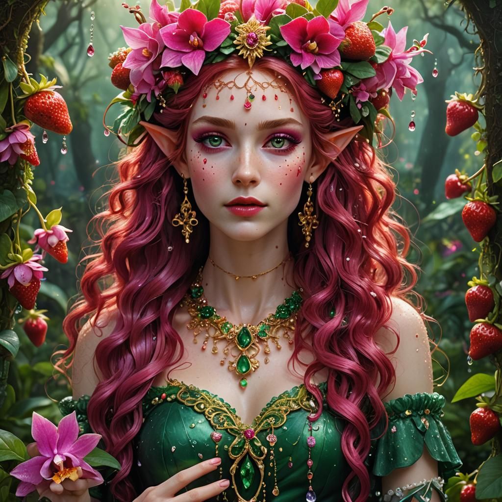 Elven Girl with Floral Crown in Strawberry Field