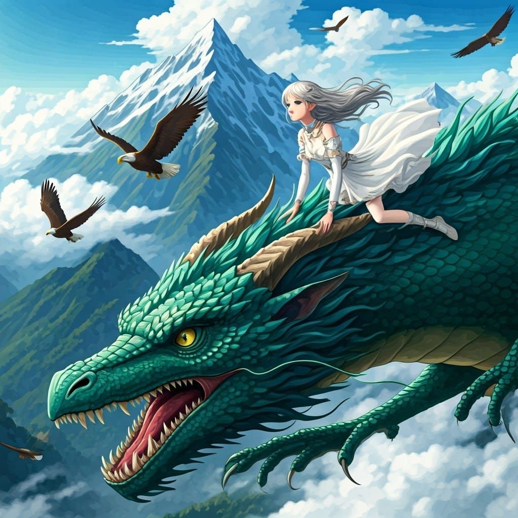 Majestic Dragonfly: Girl Soars on Emerald Beast Over Snowy P...