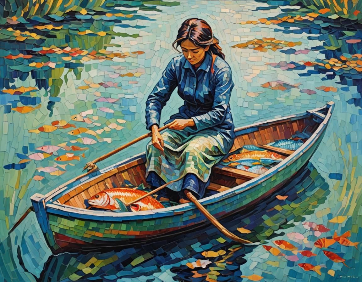 Woman Ricing in Fish Boat: Expressionist Oil Painting
