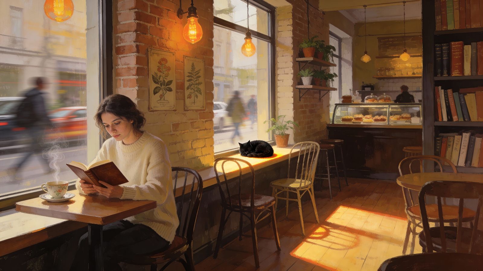 Tranquil Cafe Scene with Woman Reading by Window
