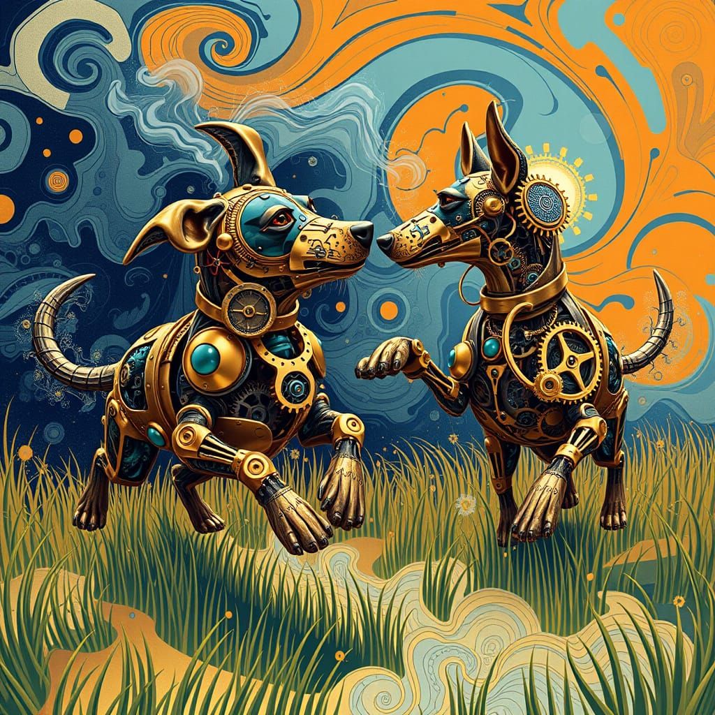 Steampunk Dogs Play in a Whimsical, Mechanized Wonderland