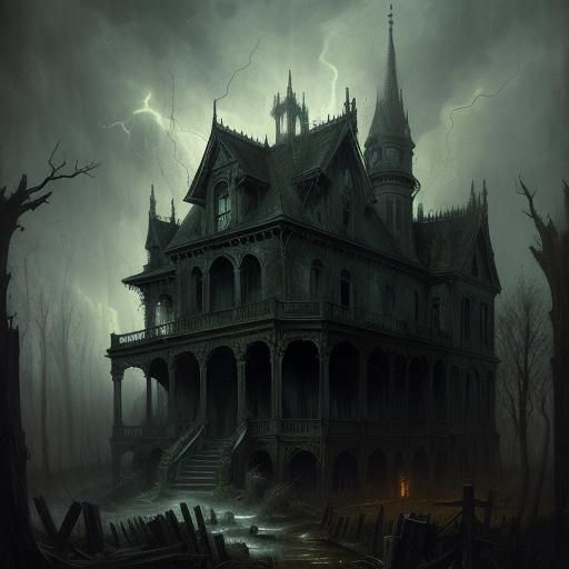 Gothic Haunted House in Stormy Woods