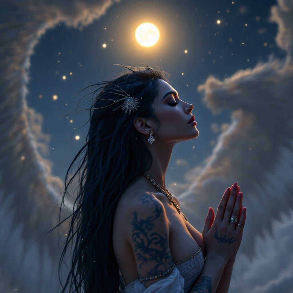 Egyptian Warrior Angel Kneeling in Starry Night Sky