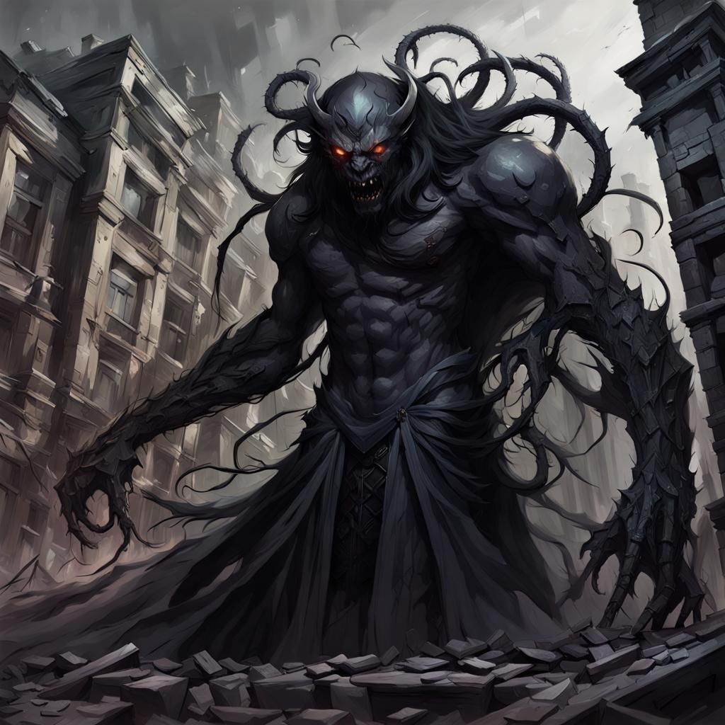 Ominous Black Demon in Collapsed City