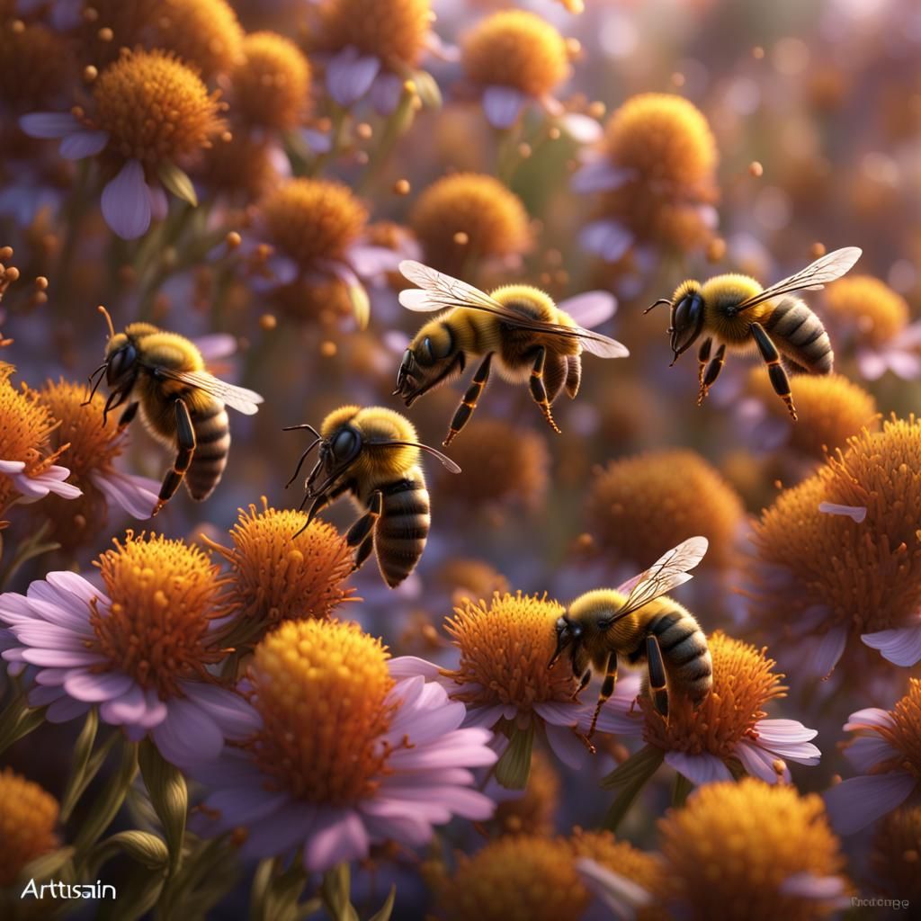 Honey Bees Gathering Pollen in Detailed Matte Painting