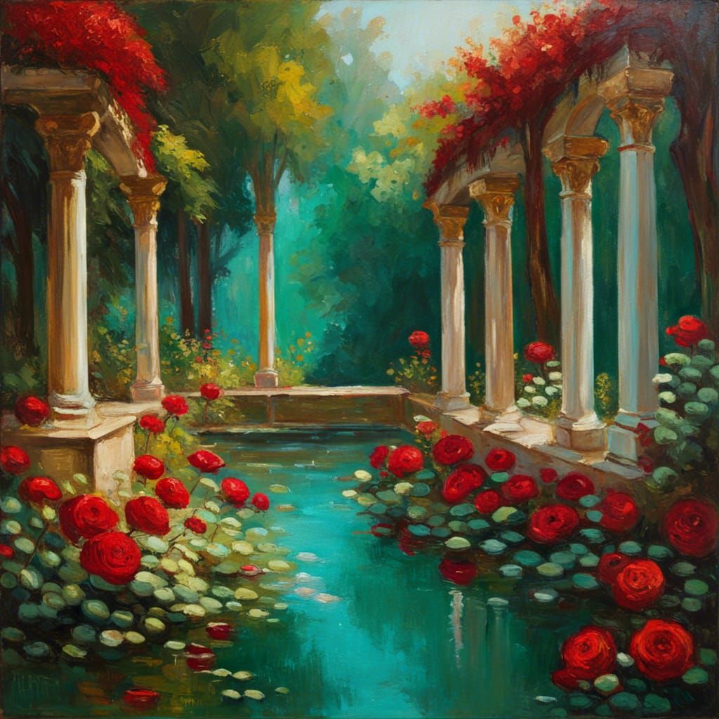 Victorian Garden with Crimson Roses, Oil Painting