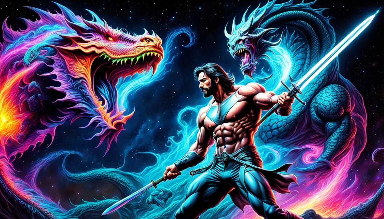 Fantasy Warrior Dragon Fight in Black Light Style