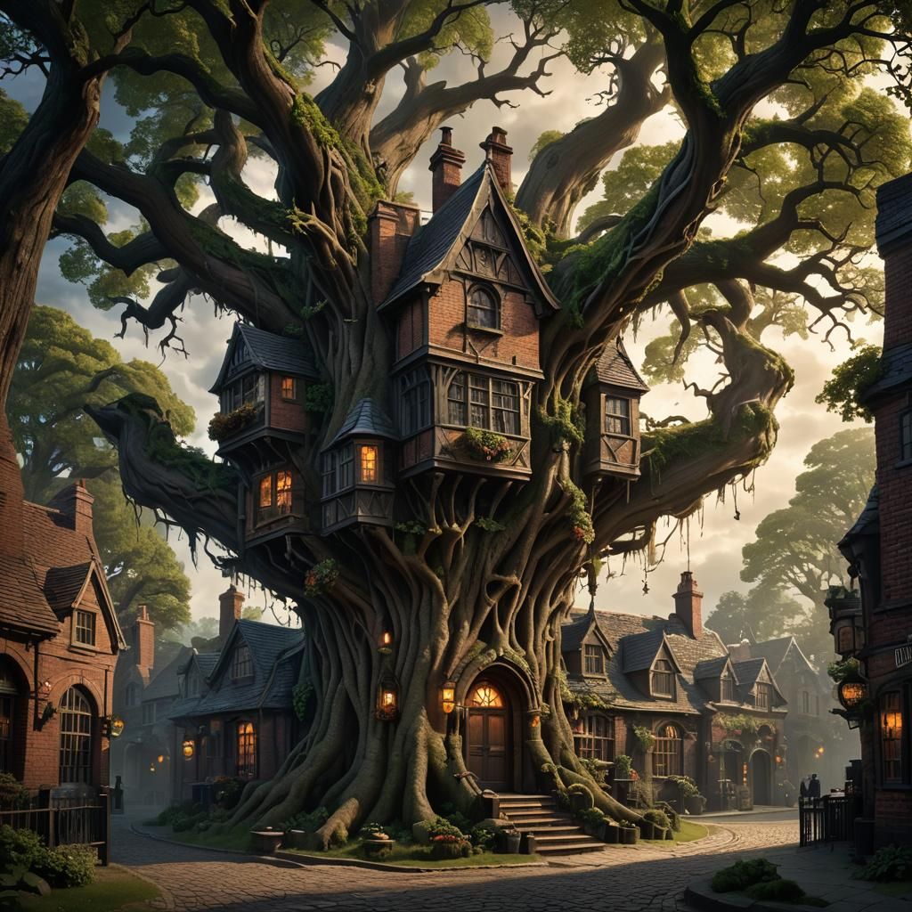 Mystical Tree Pub in Fantasy Landscape