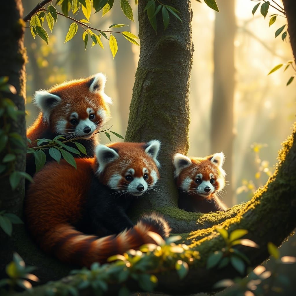 Dreamy Forest Scene with Curious Red Pandas