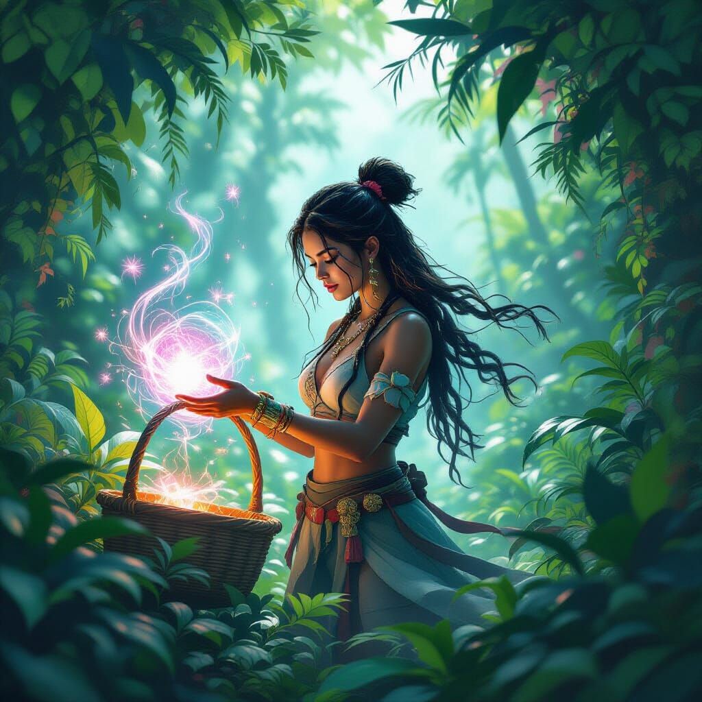 Mystical Warrior Harvesting Auras in Dreamlike Environment