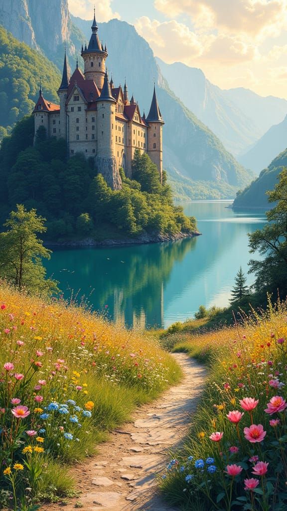 Medieval Mansion Overlooking Mirrored Lake at Golden Hour