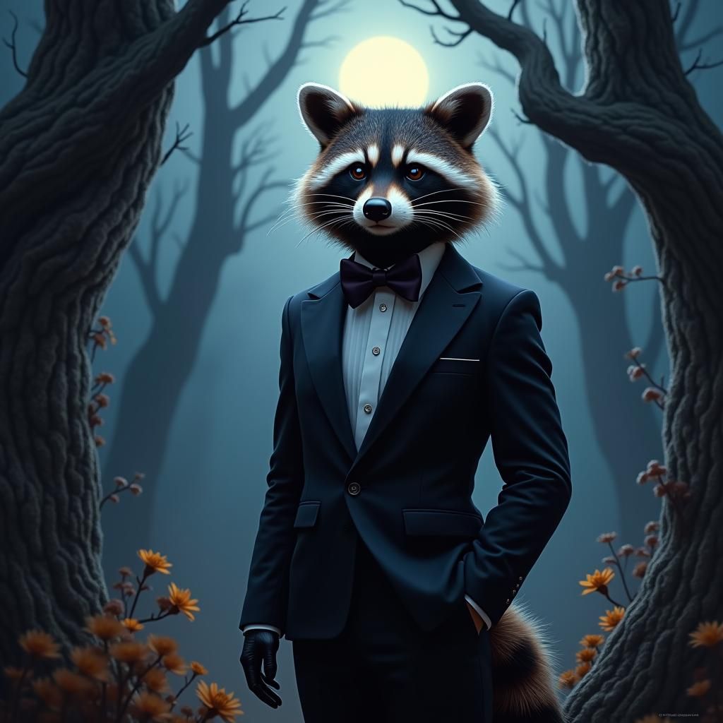 Raccoon in Tuxedo in Mystical Forest