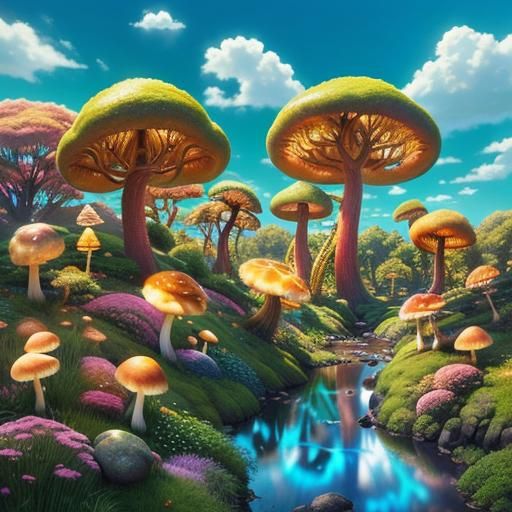 Lush Alien Field with Iridescent Flora and Giant Cinnamon Ro...