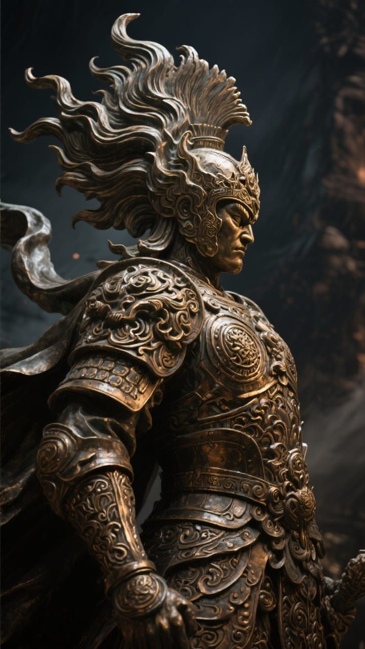 Ancient Warrior Deity Statue in Bronze Armor