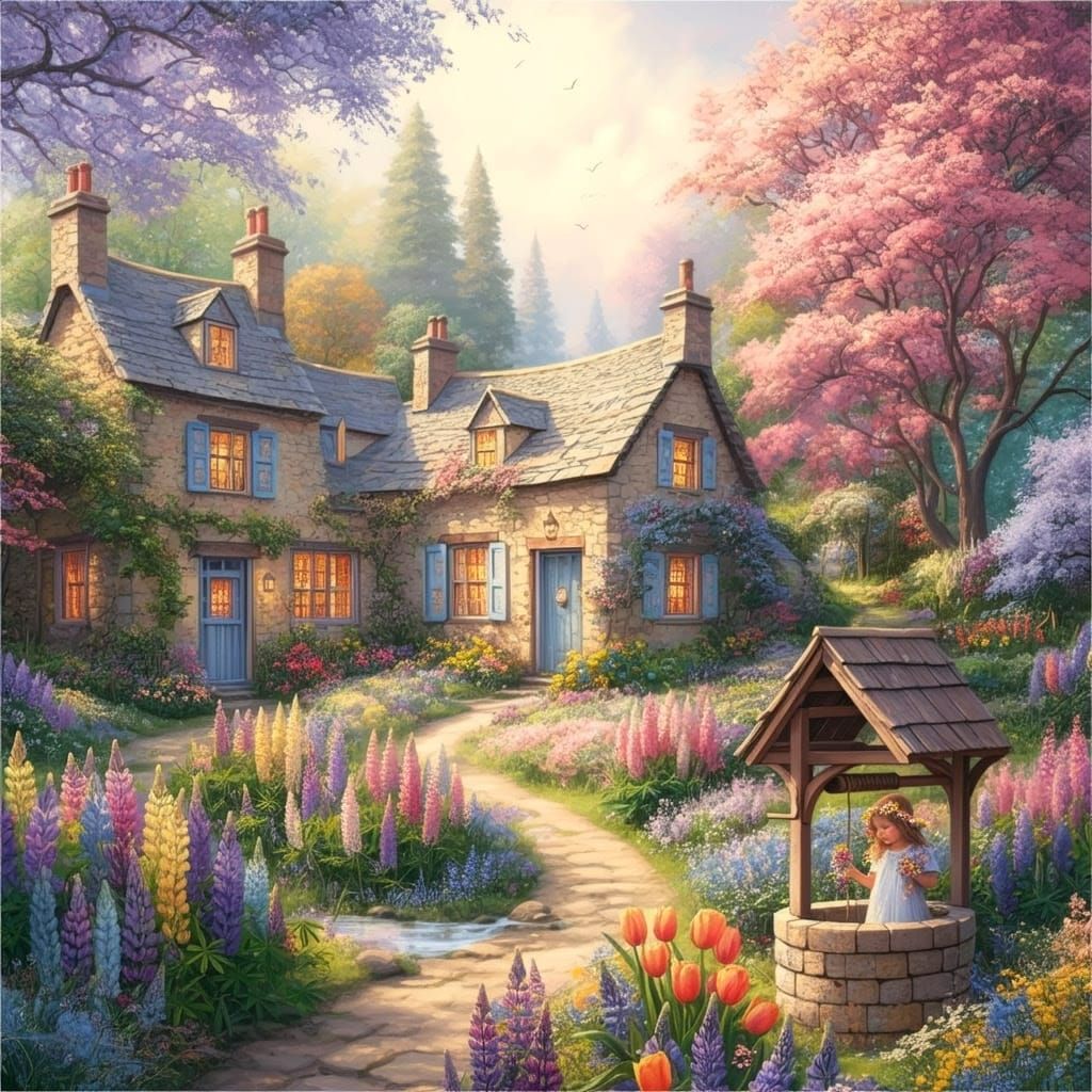 Dreamy Pastel Garden Scene with Limestone Cottage and Wishin...