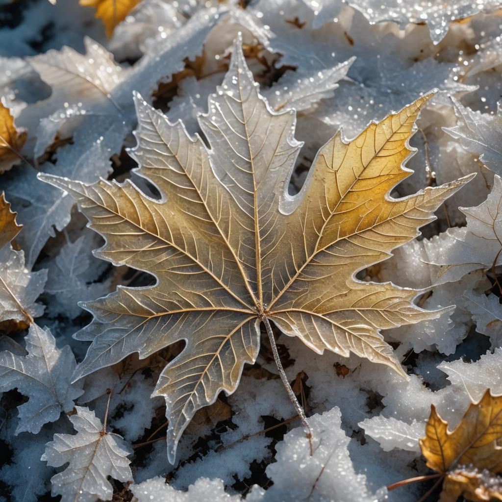 "A stunning and beautiful maple leaf. transparent lacy, white - yellow made of frost .lies on snow. close-up. against a ...