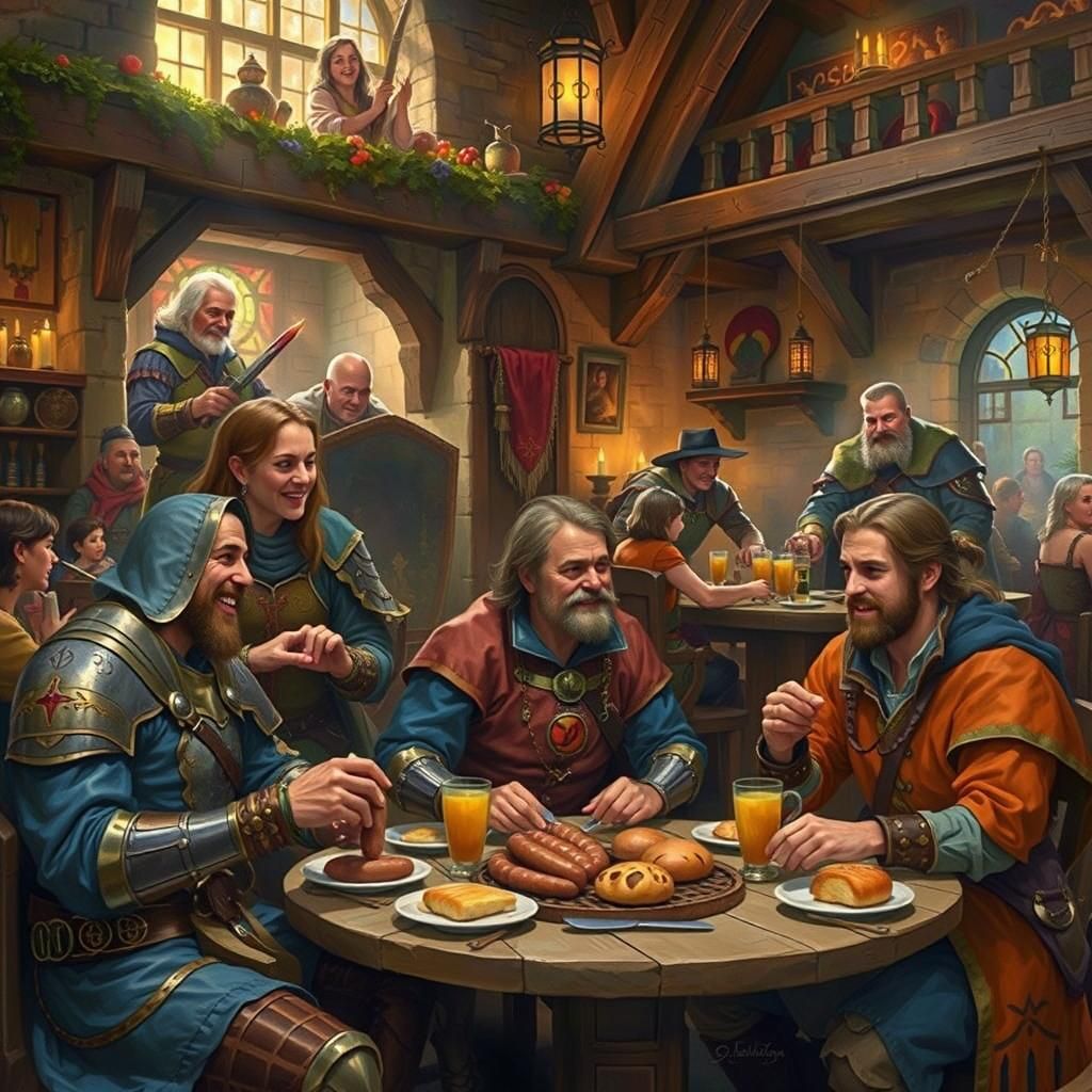 Lively Medieval Inn Breakfast in Sunlight