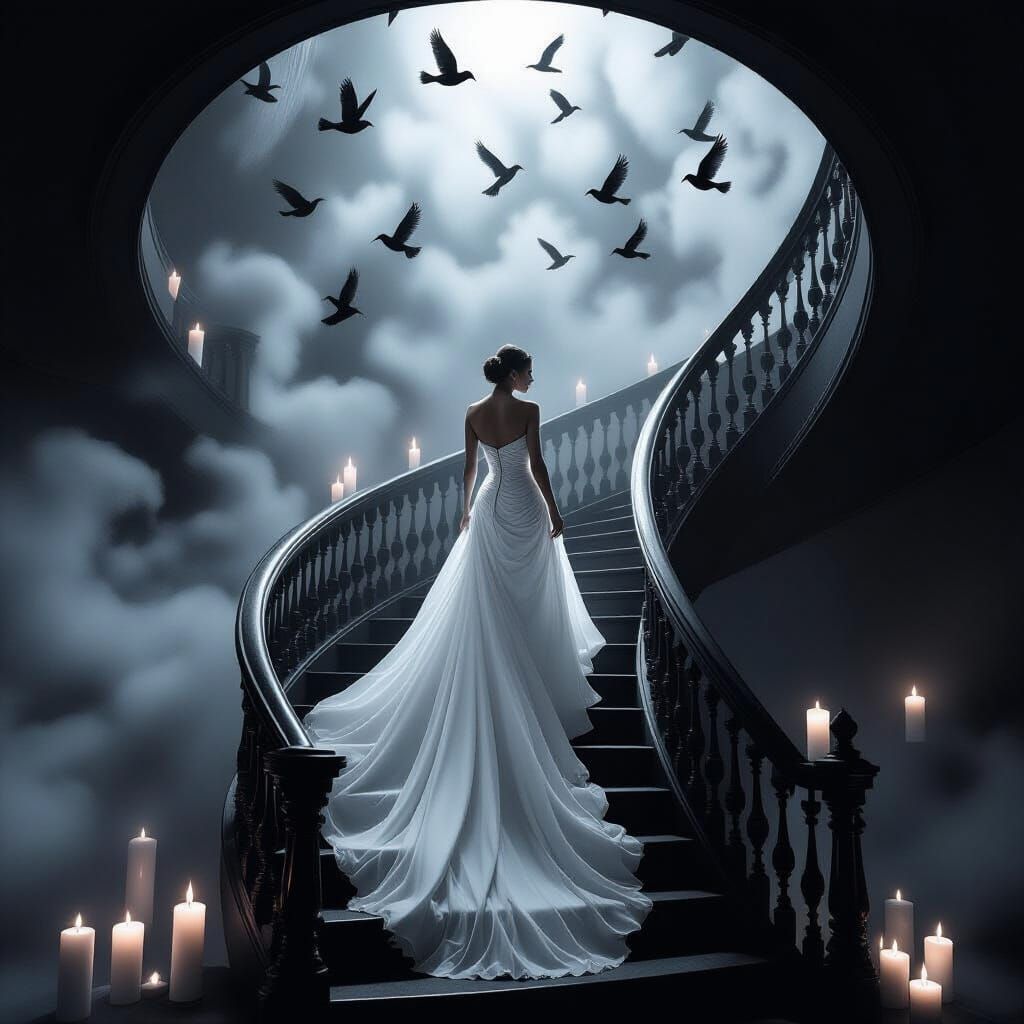 Surreal Woman Descends into Void in Black and White