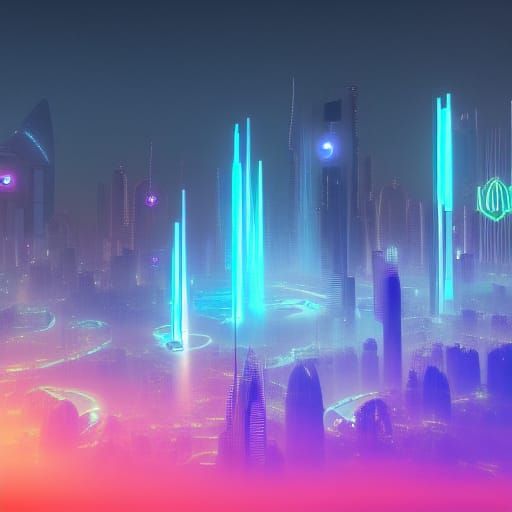 Cyberpunk Dubai Skyline with Electric Clouds