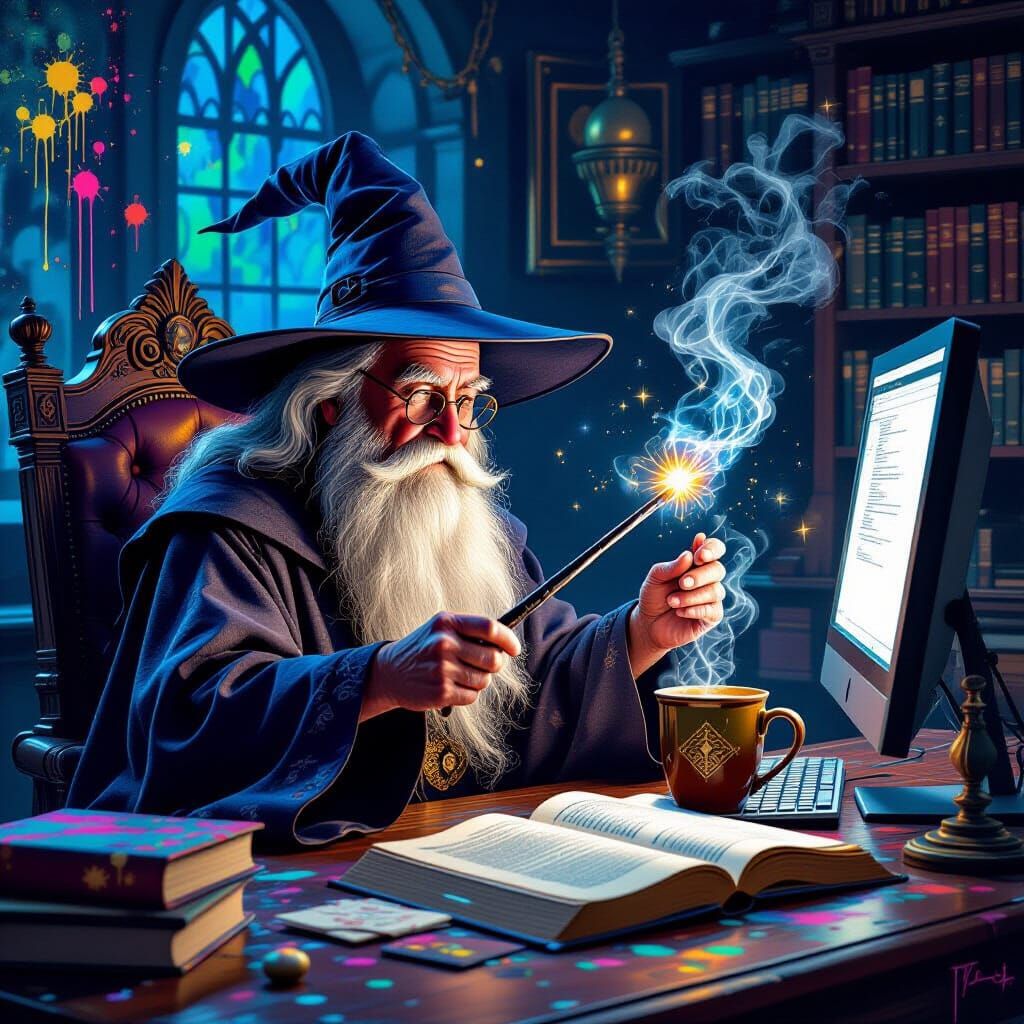 Wizard Brewing Coffee with Magic Wand at Office Desk