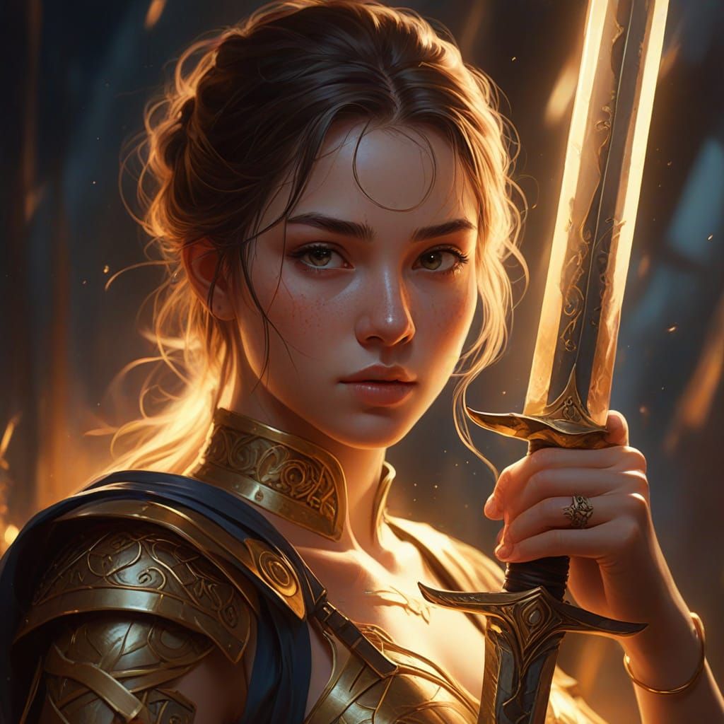 Surreal Woman with Sword in Vibrant Oil Painting