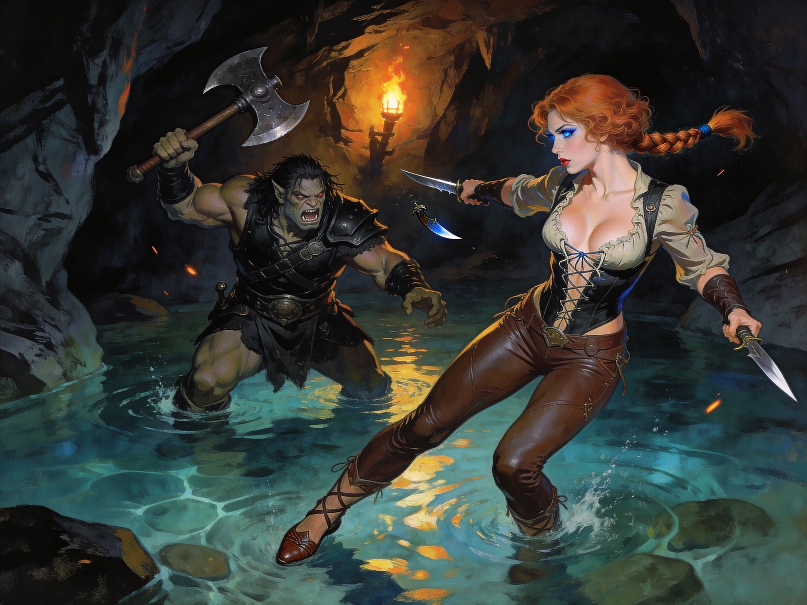 Rogue Fights Orc in Dark Cave