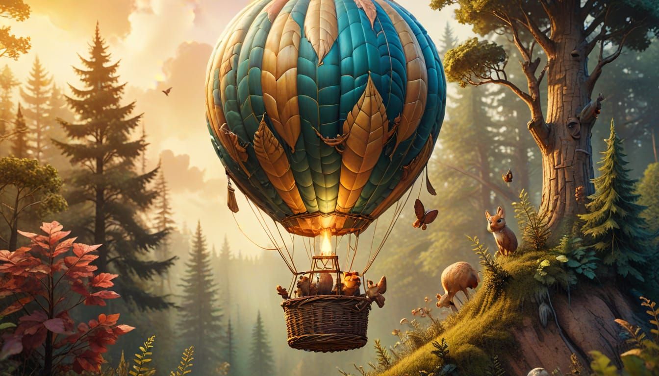 Whimsical Woodland Creature Hot Air Balloon Illustration