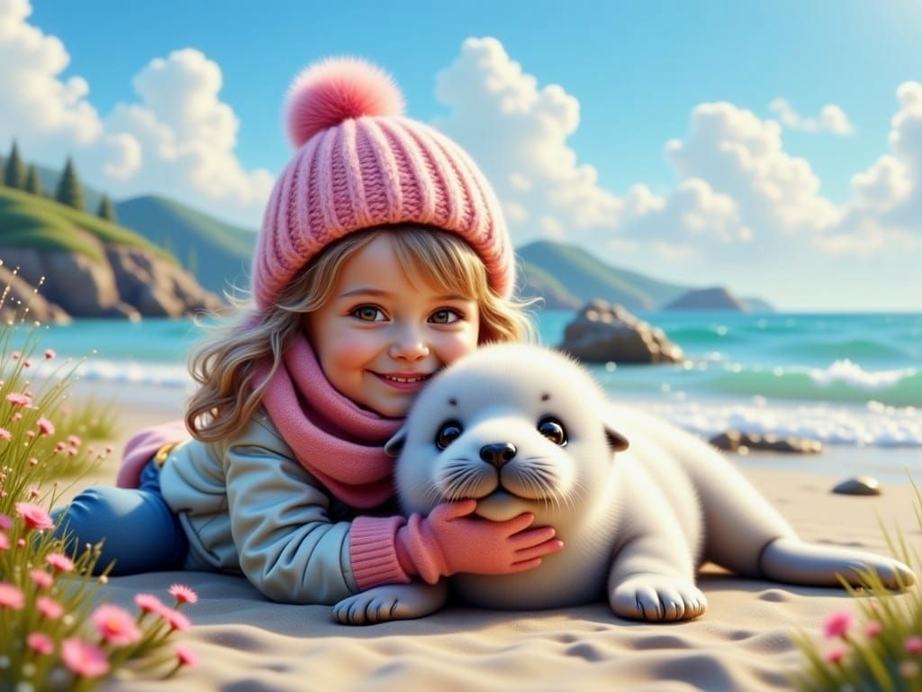 Girl and Fluffy Seal Pup in Winter Wonderland Beach Scene