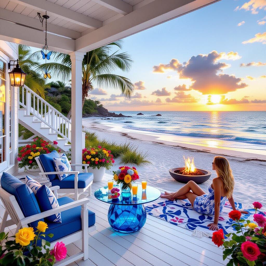 Beach House Balcony with Roses, Sunrise, and Ocean View