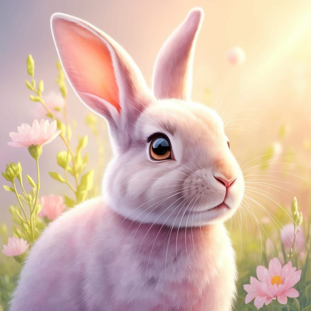 Surreal Watercolor of Happy Easter Bunny in Pastel Pink
