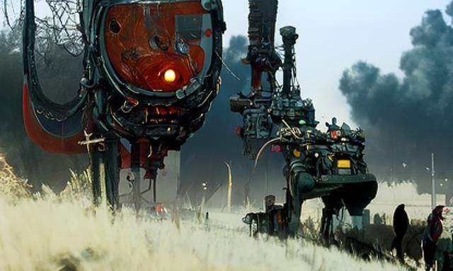 a beautiful hyperrealistic ultradetailed matte painting of dieselpunk war machines, by by Simon Stålenhag, James Stokoe ...