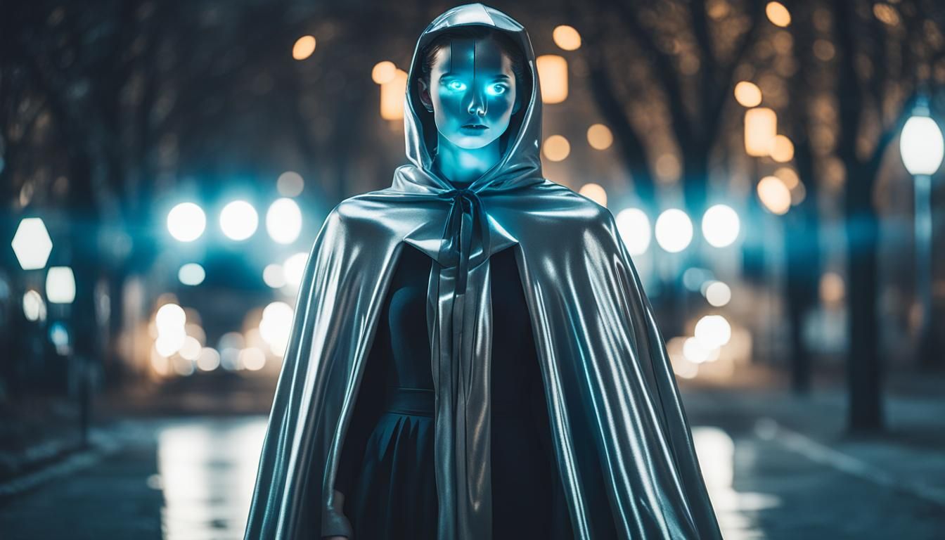 Reflective Faceless Robot Woman with Glowing Eyes