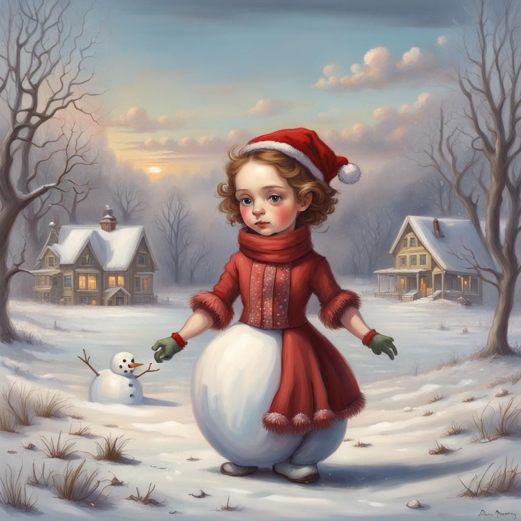 Christmas Portrait Building Snowman in Adventurecore Style