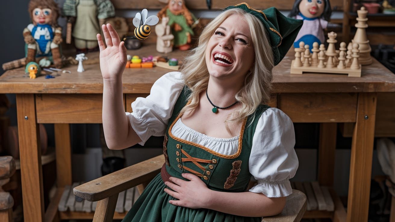 Joyful Bavarian Gnome Girl Laughing at Her Creation