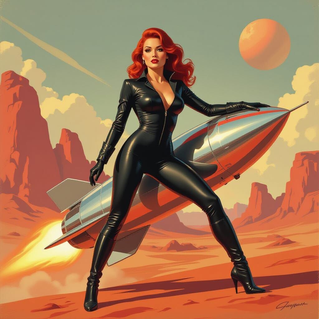 Retro Sci-Fi Pinup on Mars in Frazetta Style